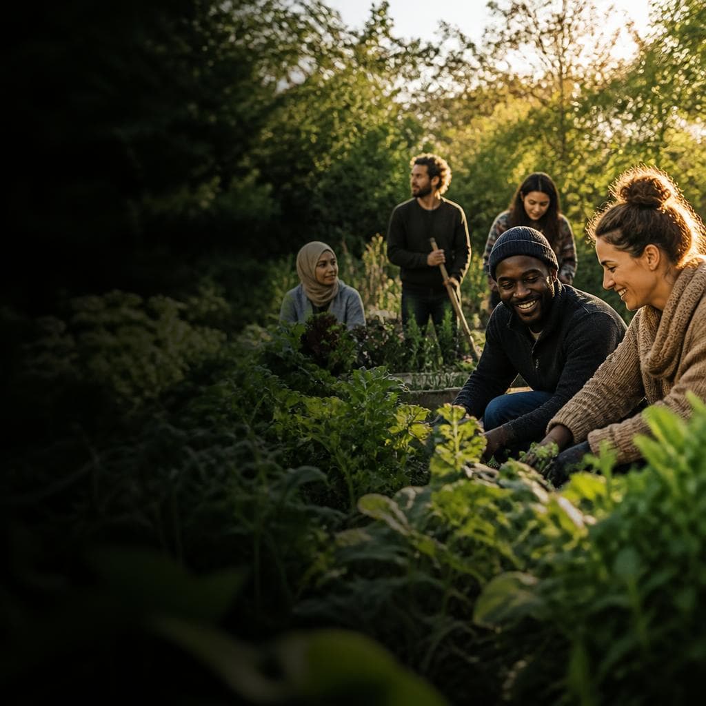 Volunteers from different backgrounds tending raised vegetable beds together in a community garden at golden hour.